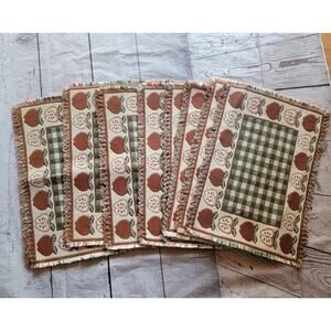 8 Vintage 90s Checkered Cottagecore Apple Placemats Loomed Fringed Brown Green